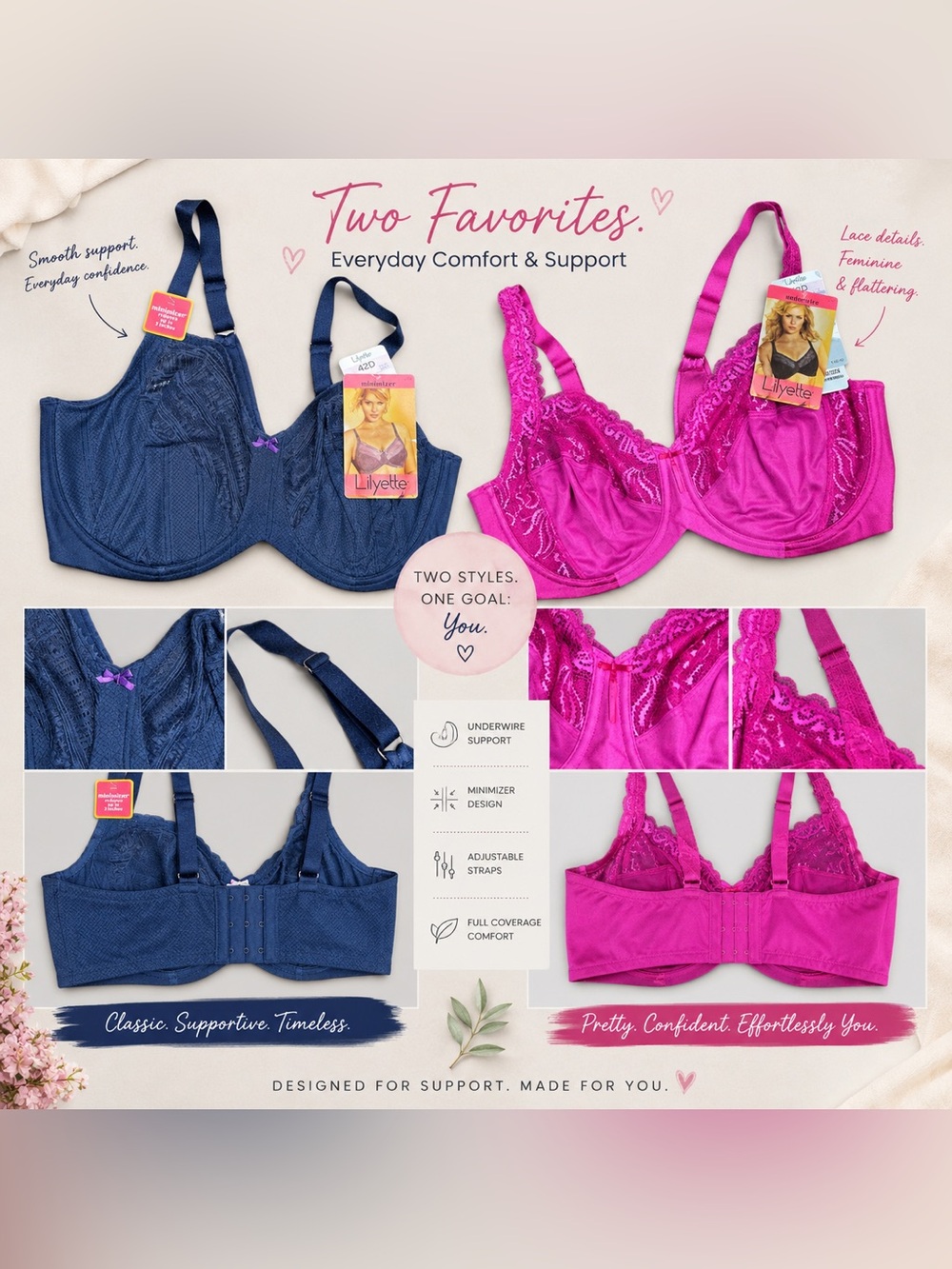 Lilyette Bra Bundle 42D NWT Pink Lace & Navy Minimizer Underwire Bras